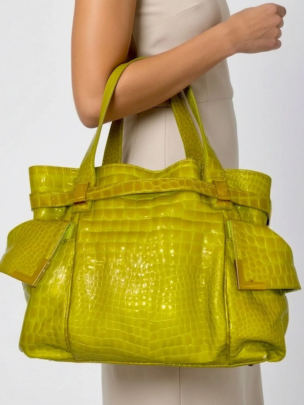 Michael Michael Kors Lime Green Patent Croc Embossed Multi Pocket Shoulder Tote